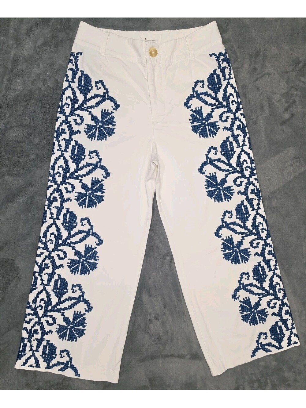 Anthropologie Becky Embroidered Pants 10 White Blue Wide Leg